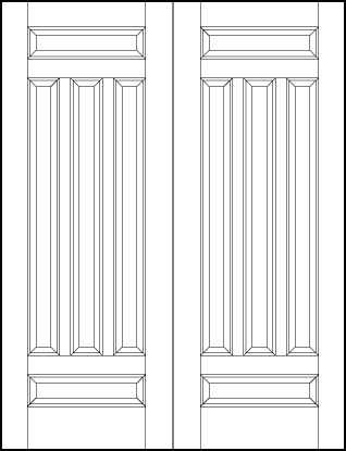 pair of stile and rail front entry wood doors with three center tall sunken panels with top and bottom horizontal panels