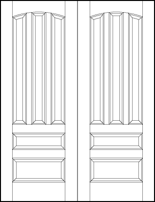 pair of stile and rail front entry wood doors with three top slightly curved panels with small and medium bottom panels