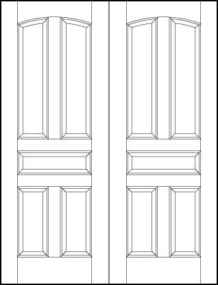 pair of stile and rail interior wood doors with two arched top panels, horizontal center and medium bottom panels