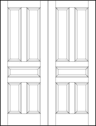 pair of stile and rail interior wood doors with two top tall, center horizontal and two vertical bottom sunken panels