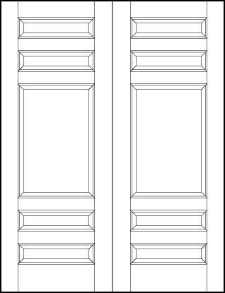 pair of stile and rail front entry wood doors with five panels one large center and four outer narrow sunken panels