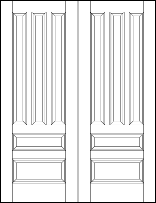 pair of stile and rail front entry wood doors with three tall vertical panels and two bottom horizontal sunken panels