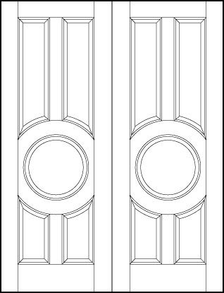 pair of stile and rail interior wood doors with four tall arched panels around circle center panel 