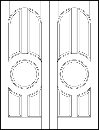pair of radius top stile and rail front entry wood doors with four tall arched panels around circle center panel 
