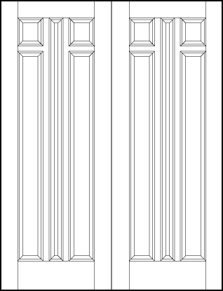 pair of stile and rail front entry wood doors with tall sunken center panel, two small square top, and two tall panels