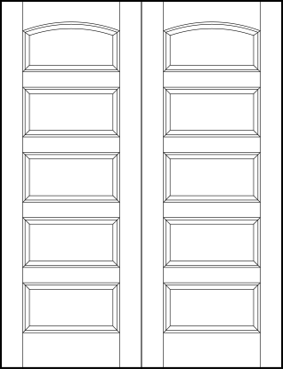 pair of stile and rail interior wood doors with five equally sized sunken panels with top arch