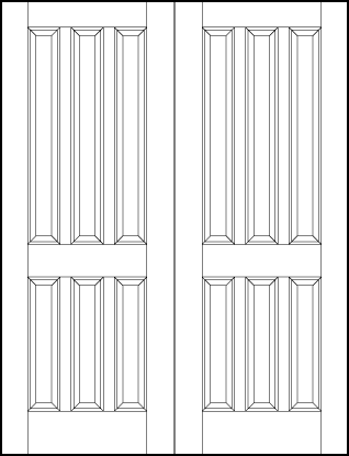 pair of stile and rail front entry wood doors with six long vertical parallel sunken panels 