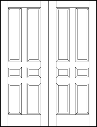 pair of stile and rail interior wood doors with four vertical rectangles and small square center sunken panels