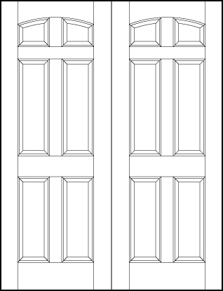 pair of stile and rail interior wood doors with four tall sunken panels on bottom and small top squares with slight arch