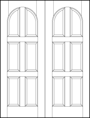pair of stile and rail front entry wood doors with six vertical rectangle sunken panels with radius arch top