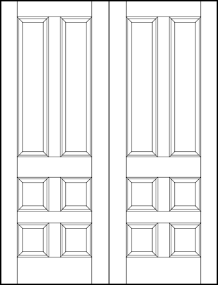 pair of custom panel interior doors with four square bottom sunken panels and two top vertical sunken panels