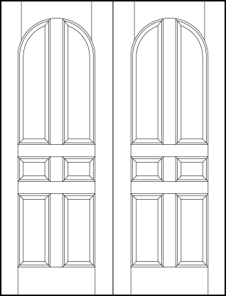 pair of custom panel interior doors with six vertical sunken panels and half circle top arch