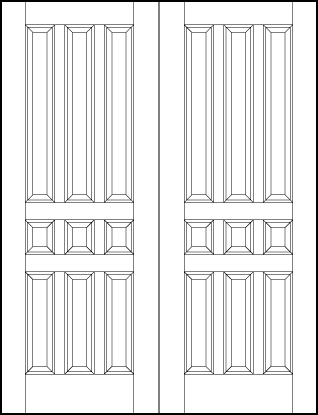 pair of custom panel interior doors with six vertical and three small center square sunken panels