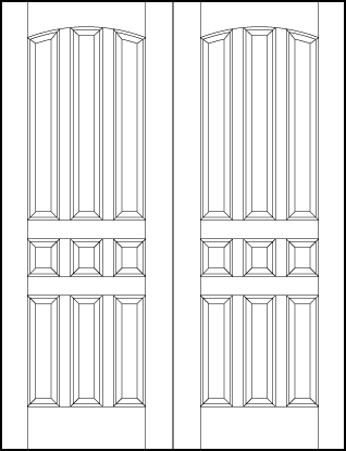 pair of curved arch top custom panel interior doors with six vertical and three small center square sunken panels