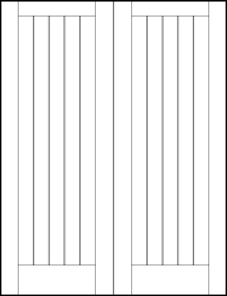 pair of tongue and groove interior doors with top and bottom panels with v-groove lines and two outer v-groove lines