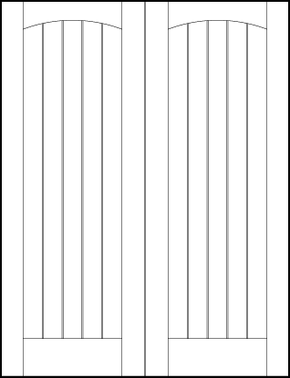 pair of v groove front entry doors with top and bottom panels with center lines and two outer v-groove lines & arch top