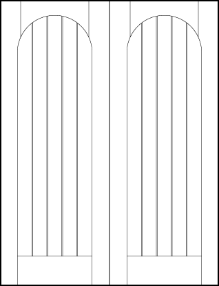 pair of tongue and groove interior doors with six vertical parallel v-groove cuts and radius-top arch