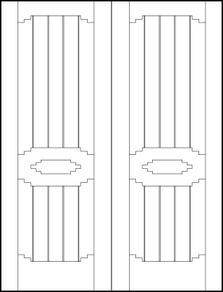 pair of tongue and groove interior doors with six vertical parallel v-groove cuts and squared arches and center oval