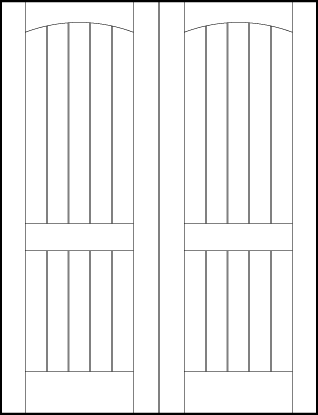 pair of tongue and groove interior doors with six center v-groove vertical lines with arch top and center and bottom