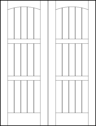 pair of v groove interior doors with barn style look with 15 vertical slat and four horizontal look with curved arch top