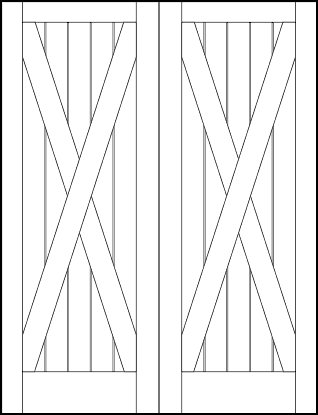 pair of v groove interior doors with six vertical grooves with x pattern in center and horizontal top and bottom panels