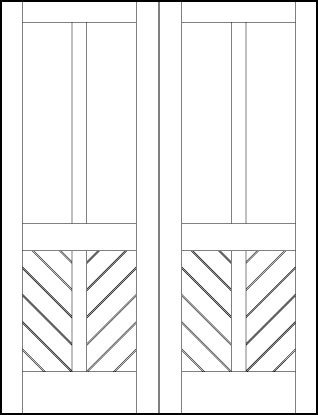 pair of v groove interior doors with large top panel and chevron pattern on the bottom and cross in center