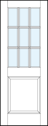 front entry glass panel doors with large raised bottom panel and crossing true divided lites for nine sections