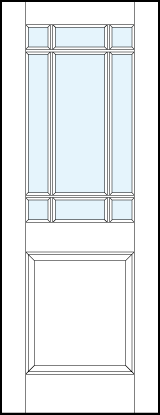 front entry glass panel doors panels at top with outer border true divided lites and large raised bottom panel