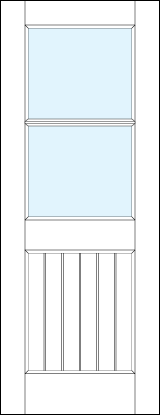 front entry panel doors with glass top panel and bottom panel with vertical slats and horizontal true divided lites