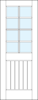 front entry panel doors with glass top & small bottom panel with vertical slats and eight true divided lites sections