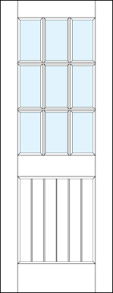 front entry panel doors with glass top & small raised bottom panel with tall slats and nine true divided lites sections