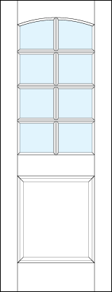 front entry panel doors with glass top with arch and eight section true divided lites with medium raised bottom panel