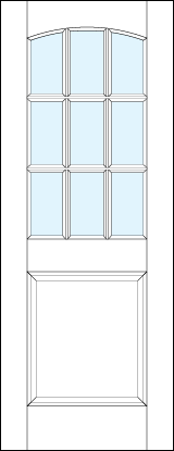 front entry panel doors with glass top with arch and nine section true divided lites with medium raised bottom panel
