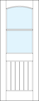 front entry raised panel doors with glass and bottom slatted panel and arched top & horizontal true divided lites