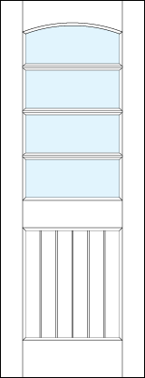 front entry raised panel doors with glass with raised bottom slatted panel and arched top & cross true divided lites