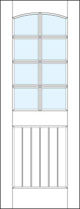 front entry raised panel doors with glass with bottom slatted panel and arched top & eight section true divided lites