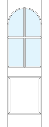 front entry raised panel doors with raised bottom and half circle glass arched top with cross true divided lites