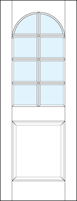 front entry raised panel doors with raised bottom and glass  half circle top with eight section true divided lites