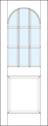 front entry raised panel doors with medium raised bottom and glass half circle top with nine section true divided lites