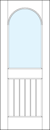 front entry raised panel doors with medium raised slatted bottom and half circle glass arched top