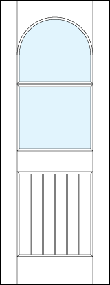 front entry raised panel doors with medium raised slatted bottom and half circle glass top and true divided lites