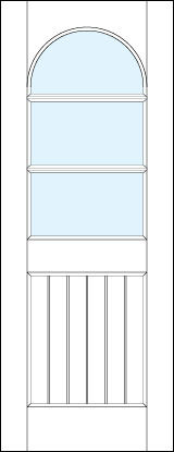 front entry raised panel doors with raised slatted bottom and half circle glass arched top and dual true divided lites