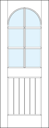 front entry raised panel doors with raised slatted bottom and arched glass top and six true divided lites sections