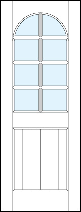 front entry raised panel doors with raised slatted bottom and glass arched top and eight true divided lites sections