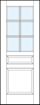 front entry panel doors with glass and bottom and small center raised panels and six section true divided lites