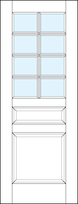 front entry panel doors with glass top and small center raised panels and eight section true divided lites