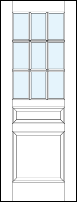 interior panel doors with glass and bottom and small center raised panels and nine section true divided lites