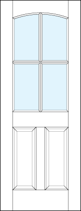 front entry panel doors with glass up top and dual bottom raised panels top arch and cross true divided lites