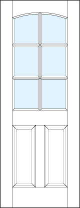 front entry panel doors with glass up top and dual bottom raised panels and top arch and six section true divided lites