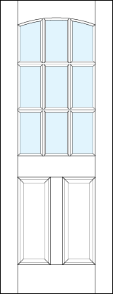 front entry panel doors with glass top and dual bottom raised panels and top arch and nine section true divided lites